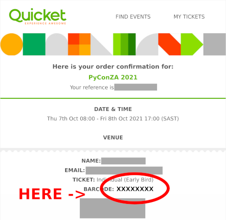 Example of ticket confirmation showing where to find your barcode.
